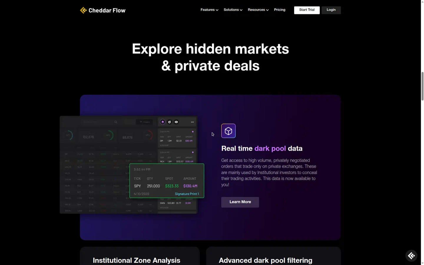 Cheddar Flow homepage dark pool UI: pros and cons (captured 2026-09-18)