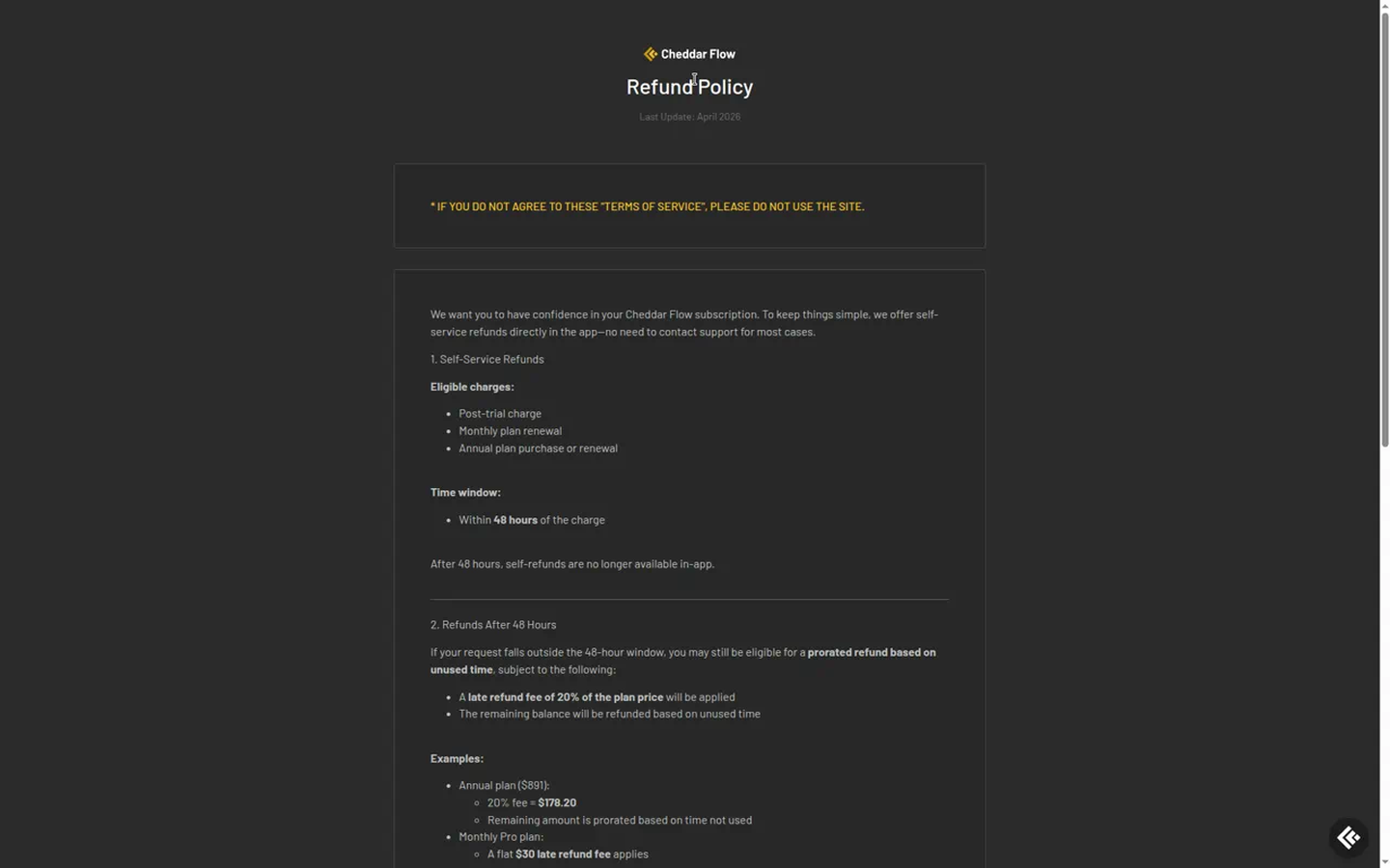 Cheddar Flow refund policy: watch-outs (captured 2026-09-18)