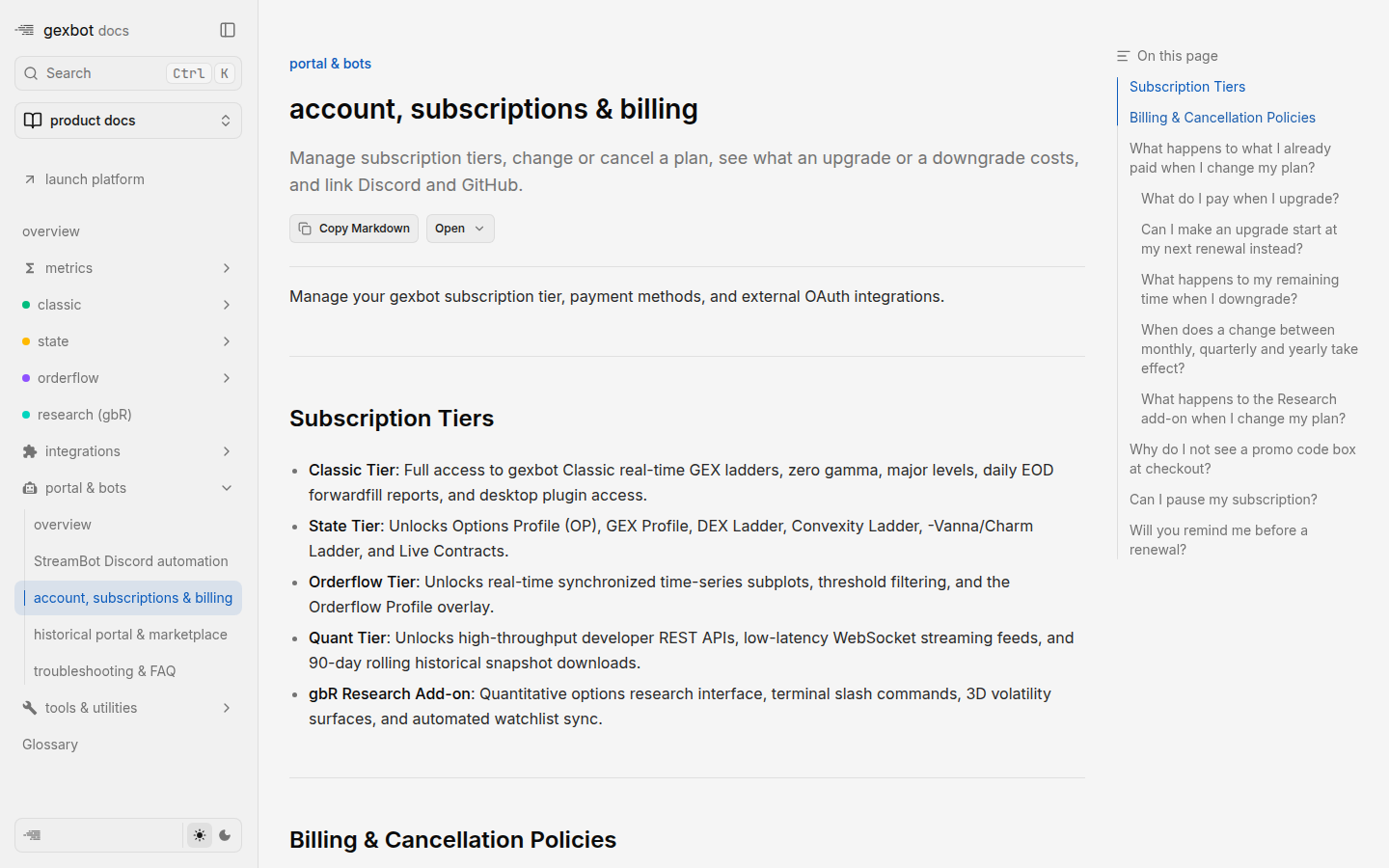 GEXbot account & billing docs: watch-outs (captured 2026-09-25)