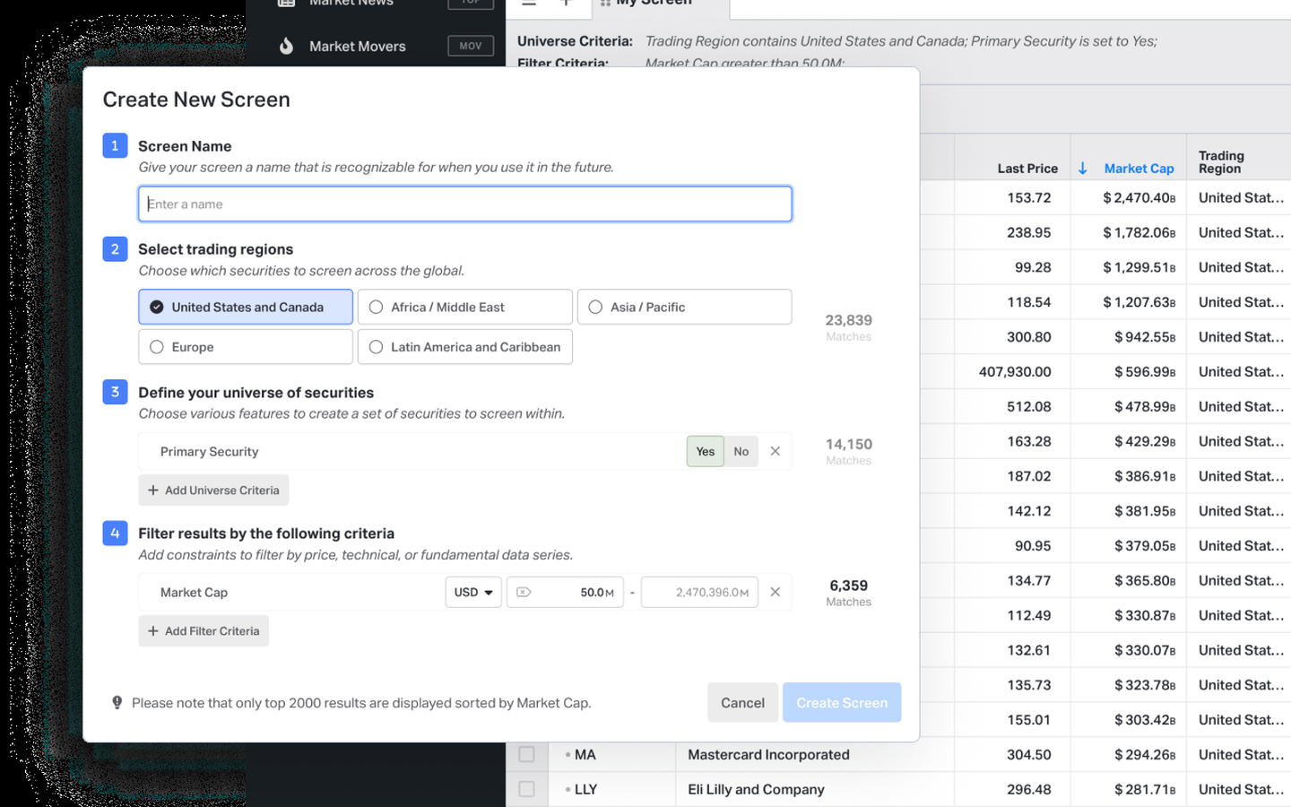 Koyfin Equity Screener — Create New Screen product UI (captured 2026-09-15)