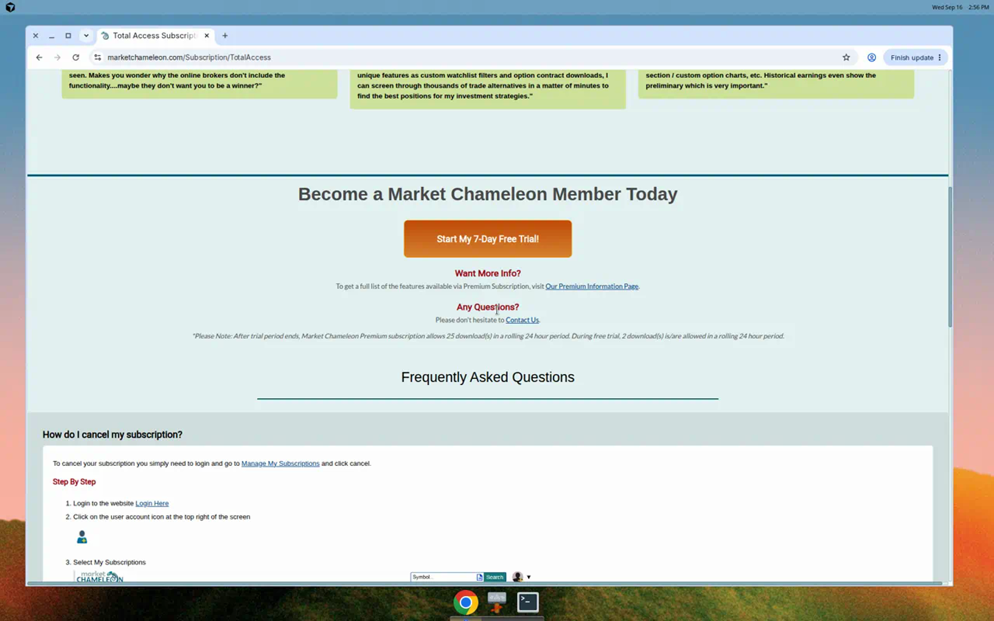Market Chameleon TotalAccess FAQ — watch-outs (captured 2026-09-16)