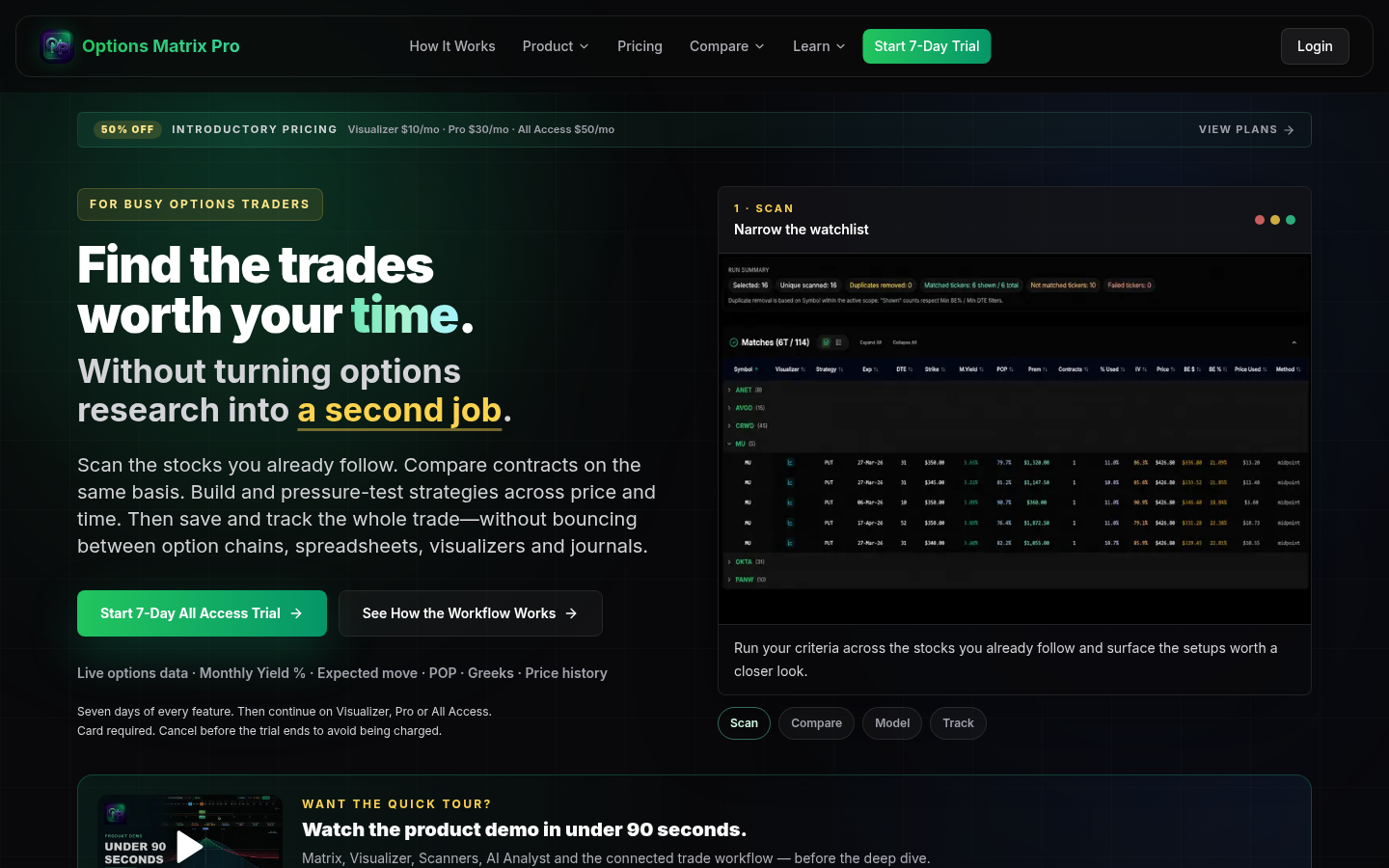Options Matrix Pro homepage Scan workflow — verdict (captured 2026-09-17)