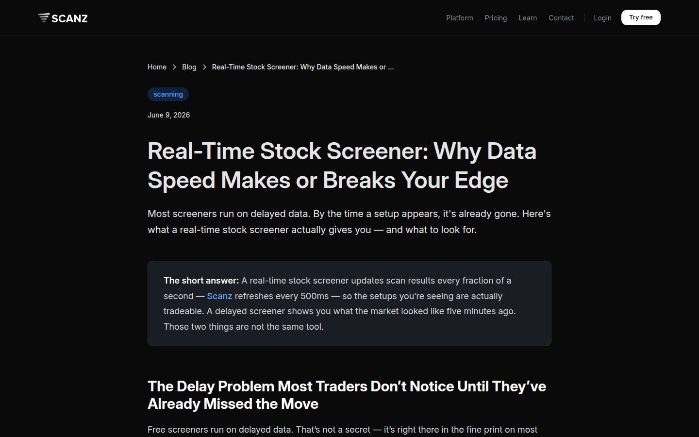 Scanz real-time screener framing — pros and cons (captured 2026-09-23)