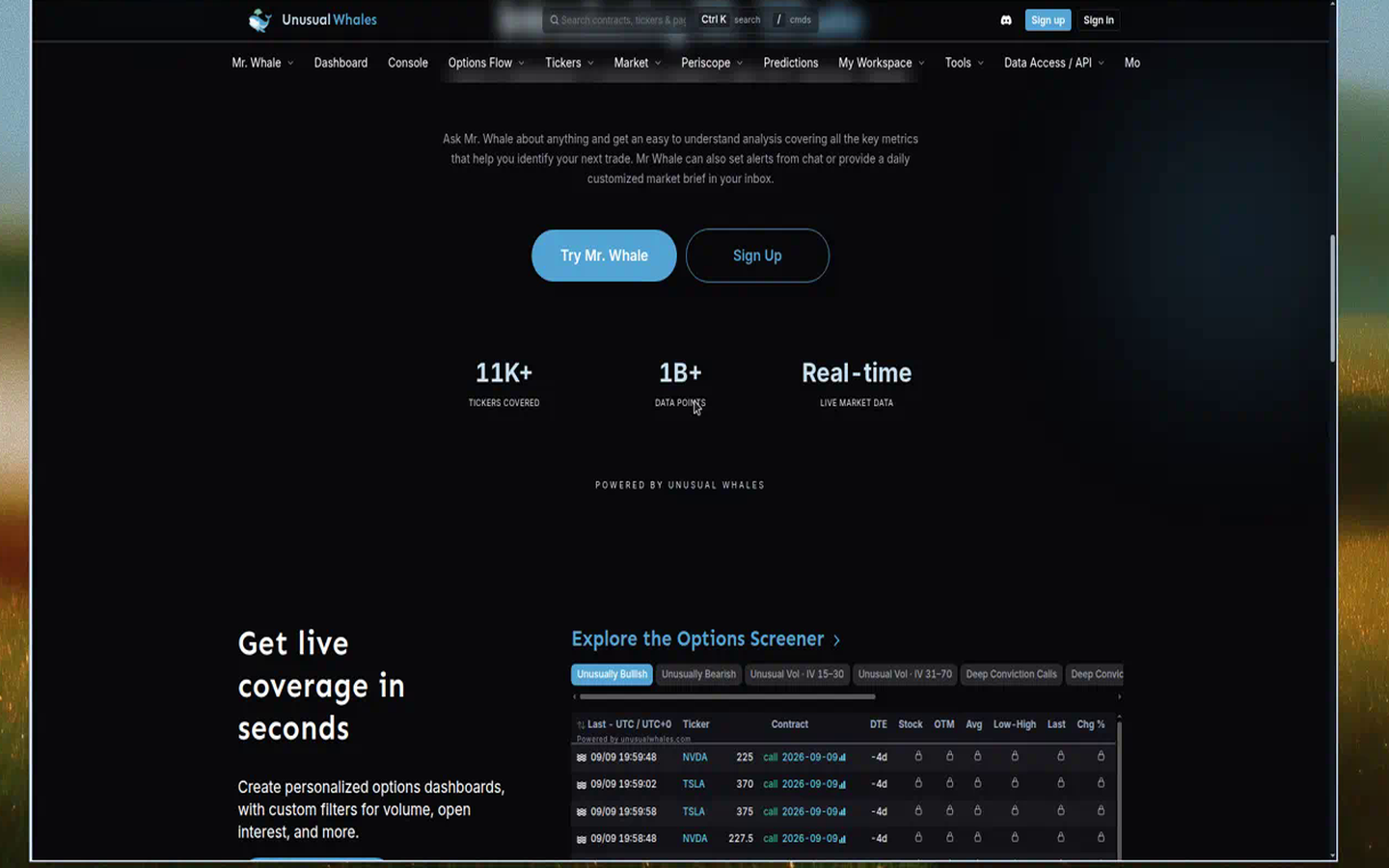Unusual Whales homepage features: pros and cons (captured 2026-09-13)