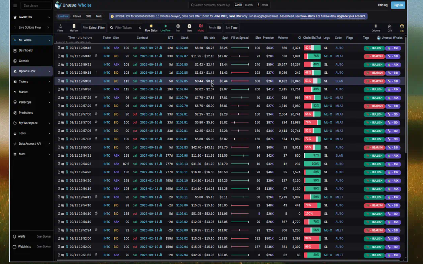 Unusual Whales Live Options Flow tape: verdict (captured 2026-09-13)