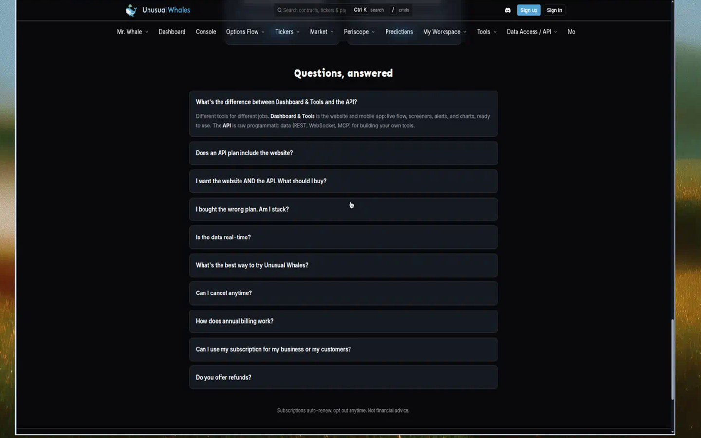 Unusual Whales pricing FAQ: watch-outs (captured 2026-09-13)
