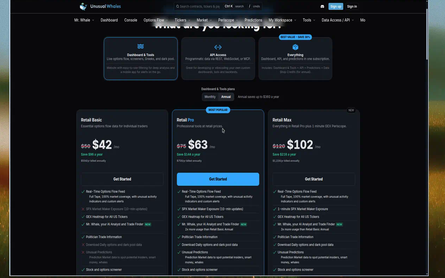Unusual Whales Dashboard & Tools pricing: what you get (captured 2026-09-13)